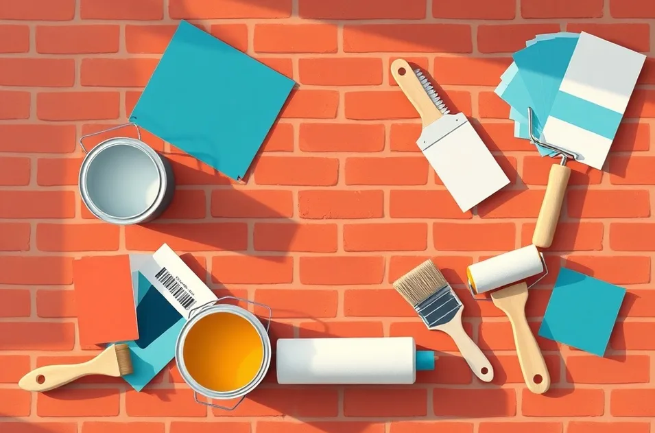 Pots de peinture, nuancier, brosses et rouleaux disposés à plat