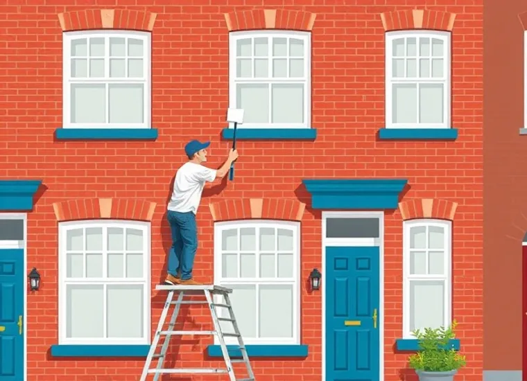 Peintre sur échafaudage traitant la façade d'une maison